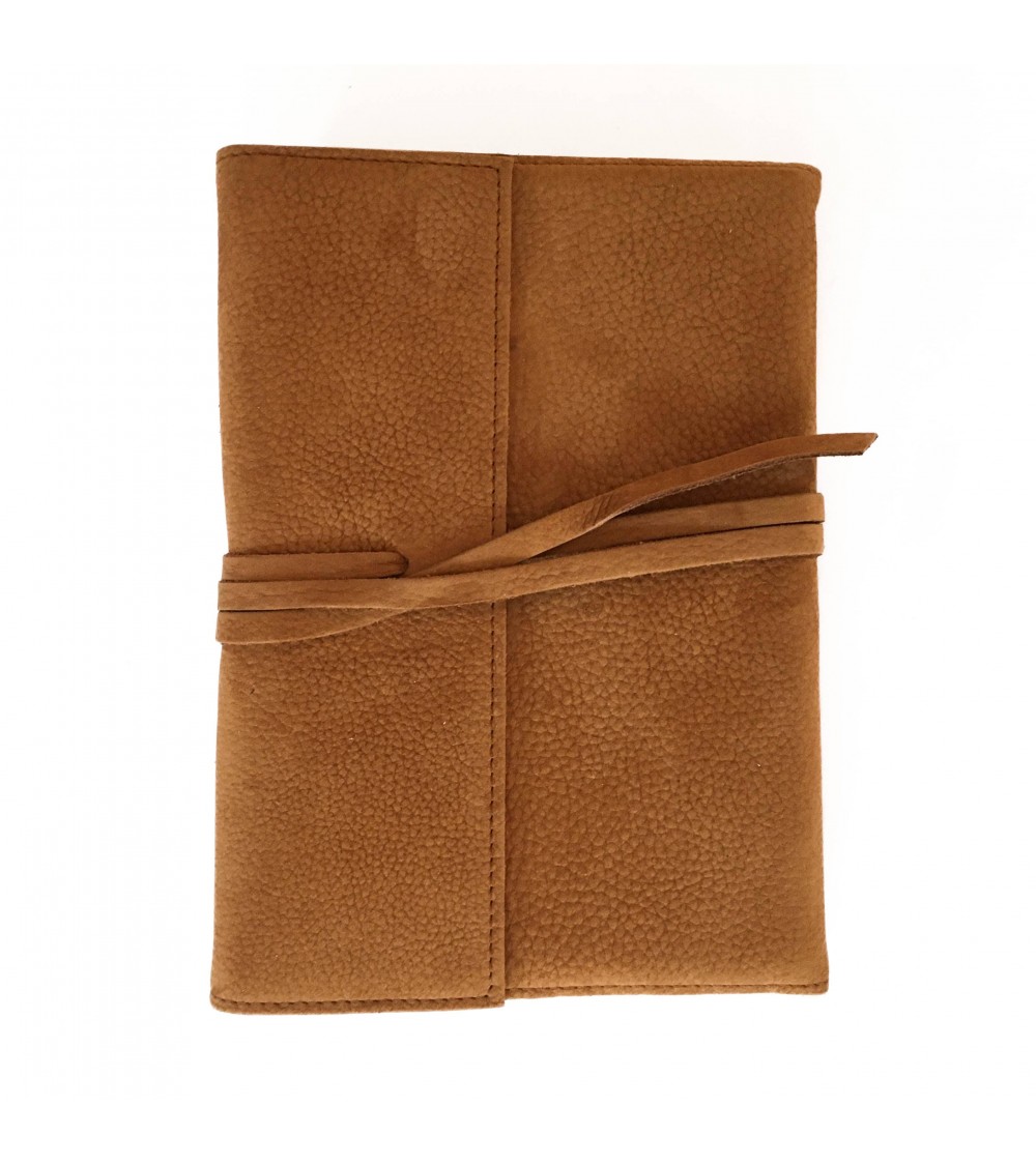 Carnet PA rechargeable cuir Nubuck cognac, lacet cuir de fermeture, 288 pages blanches format A6