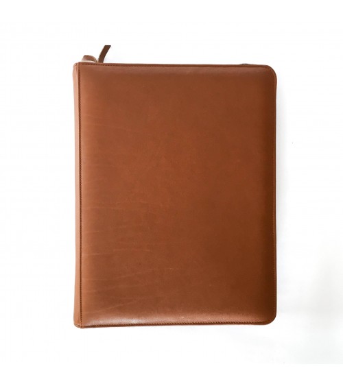 Porte-documents PA Impulse, format A4, zippé en cuir de veau couleur cognac, anneaux et bloc-notes