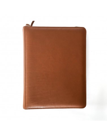Porte-documents PA Impulse, format A4, zippé en cuir de veau couleur cognac, anneaux et bloc-notes