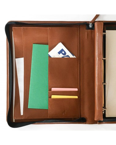 Porte-documents PA Impulse, format A4, zippé en cuir de veau couleur cognac, anneaux et bloc-notes