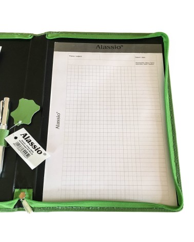 Porte-bloc Alassio Vallo A4, cuir vert clair, 1 compartiment cartes et 2 pour feuilles volantes, boucle stylo, bloc-notes.