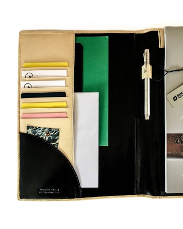 Porte-bloc Success A4 cuir noir et beige, 10 compartiments cartes et feuilles volantes, boucle stylo, bloc-notes.