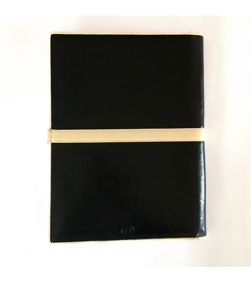 Porte-bloc Success A4 cuir noir et beige, 10 compartiments cartes et feuilles volantes, boucle stylo, bloc-notes.