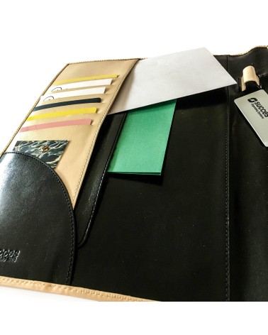 Porte-bloc Success A4 cuir noir et beige, 10 compartiments cartes et feuilles volantes, boucle stylo, bloc-notes.