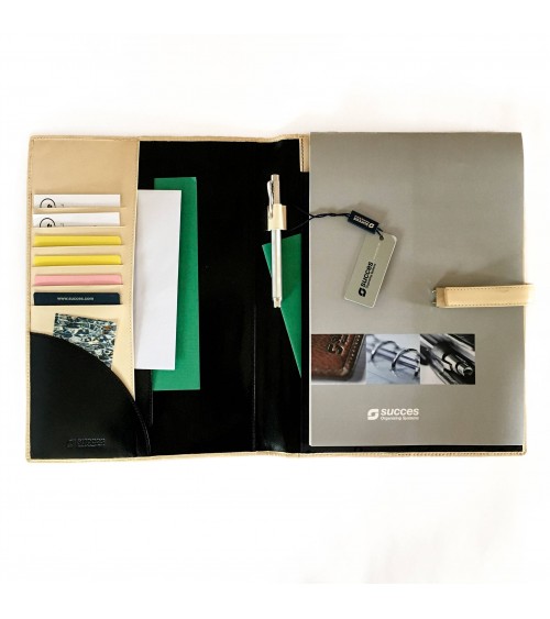 Porte-bloc Success A4 cuir noir et beige, 10 compartiments cartes et feuilles volantes, boucle stylo, bloc-notes.