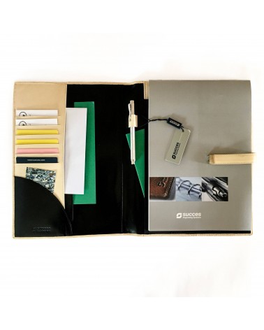 Porte-bloc Success A4 cuir noir et beige, 10 compartiments cartes et feuilles volantes, boucle stylo, bloc-notes.