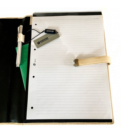 Porte-bloc Success A4 cuir noir et beige, 10 compartiments cartes et feuilles volantes, boucle stylo, bloc-notes.