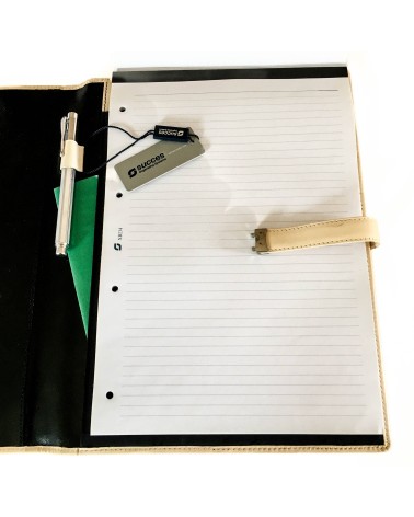 Porte-bloc Success A4 cuir noir et beige, 10 compartiments cartes et feuilles volantes, boucle stylo, bloc-notes.