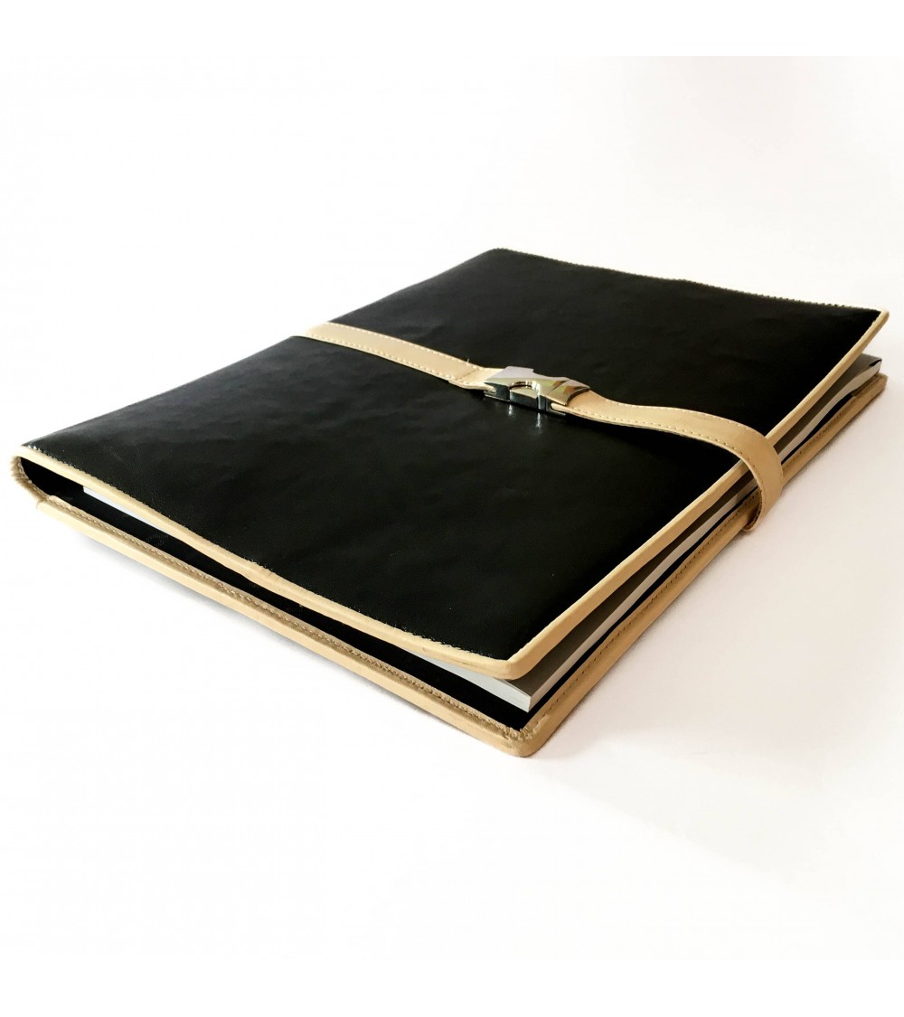 Porte-bloc Success A4 cuir noir et beige, 10 compartiments cartes et feuilles volantes, boucle stylo, bloc-notes.