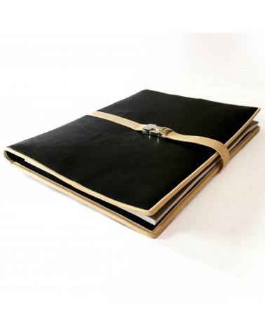 Porte-bloc Success A4 cuir noir et beige, 10 compartiments cartes et feuilles volantes, boucle stylo, bloc-notes.