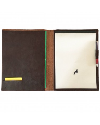 Porte-bloc PA Allgäu format A4, cuir marron, 1 compartiment cartes et 1 pour feuilles A4, boucle stylo, bloc-notes.