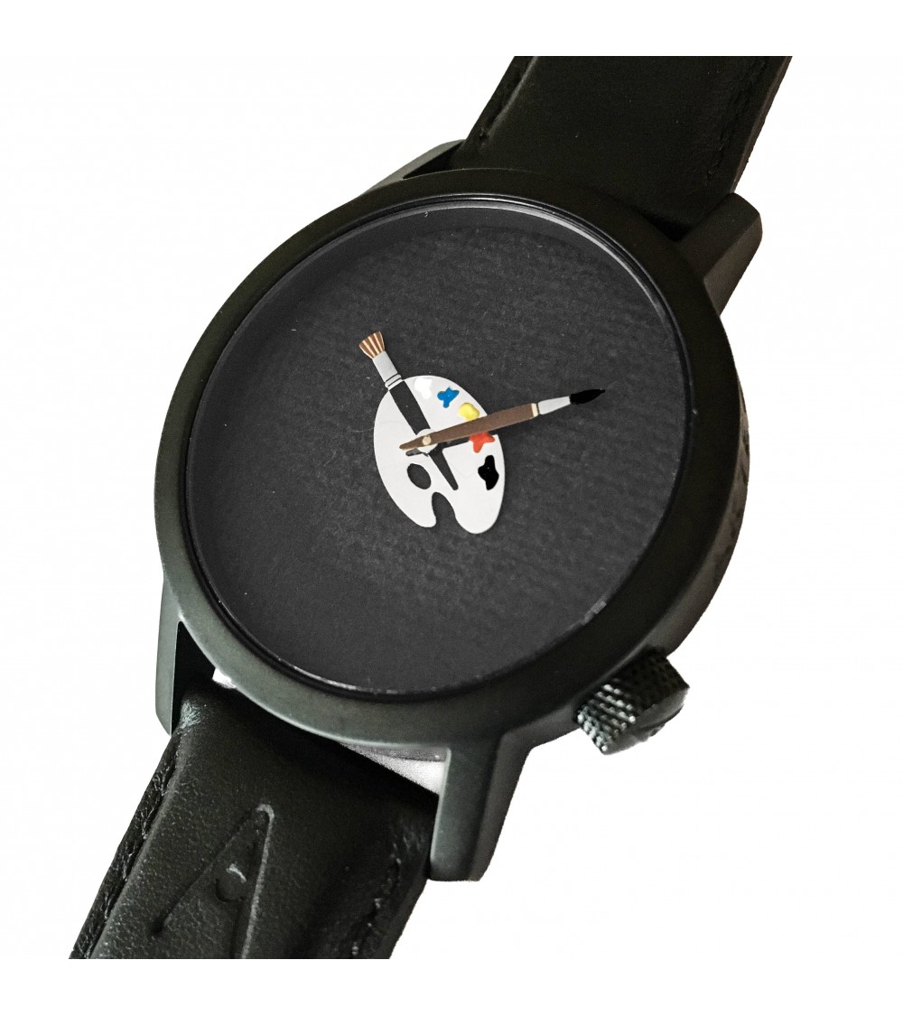 Montre AKTEO Peinture palette 42 Noir, bracelet cuir noir