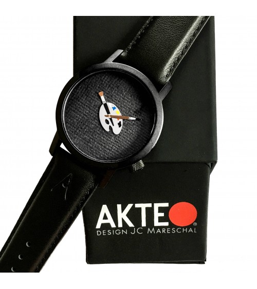 Montre AKTEO Peinture palette 42 Noir, bracelet cuir noir