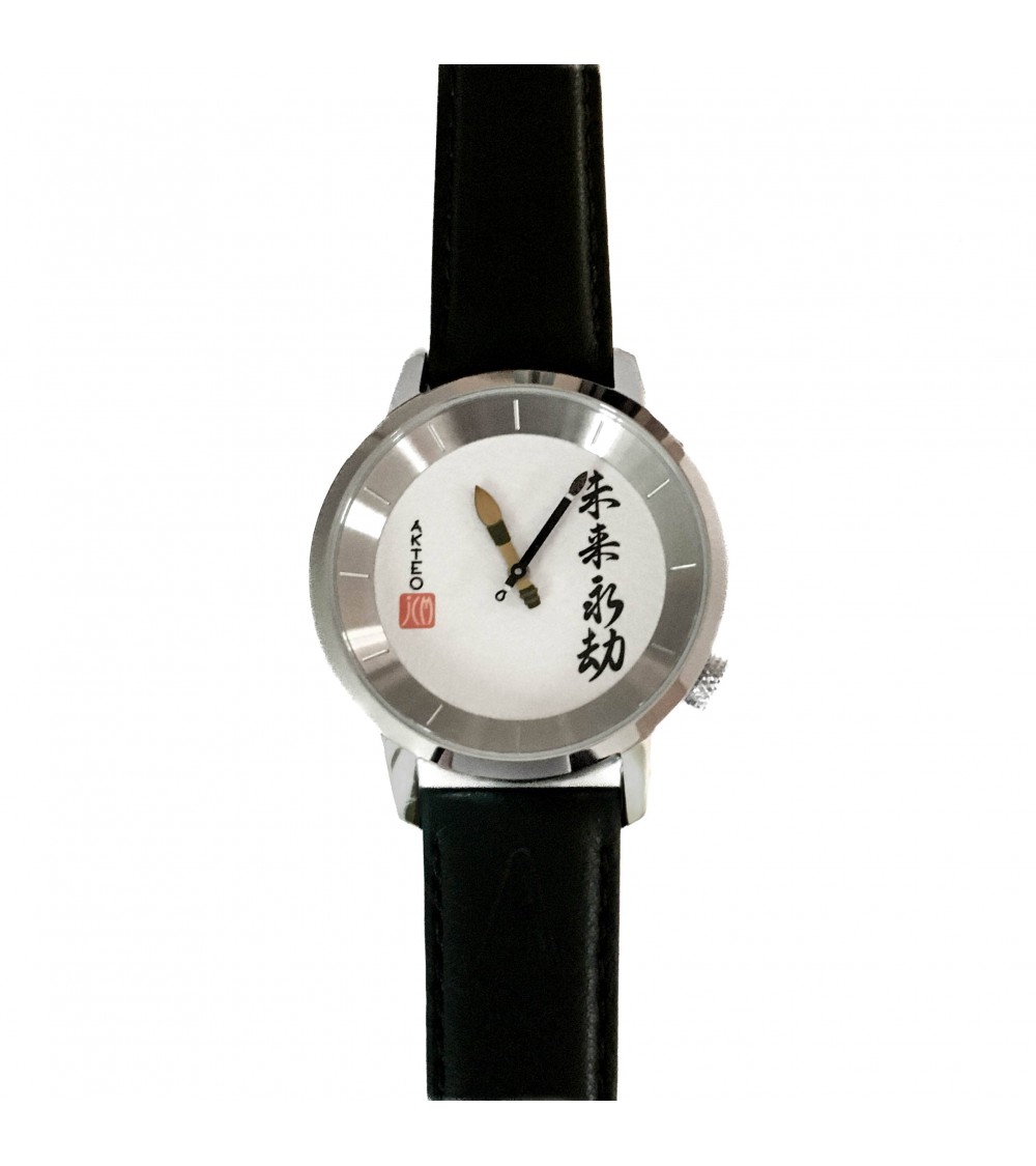 Montre AKTEO calligraphie 38, bracelet cuir noir