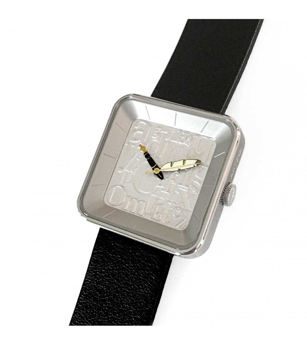 Montre AKTEO Ecrivain sQuare 35, bracelet cuir noir.