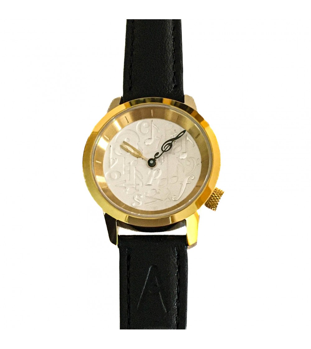 Montre AKTEO Musique 29 Blanc-or, bracelet cuir noir