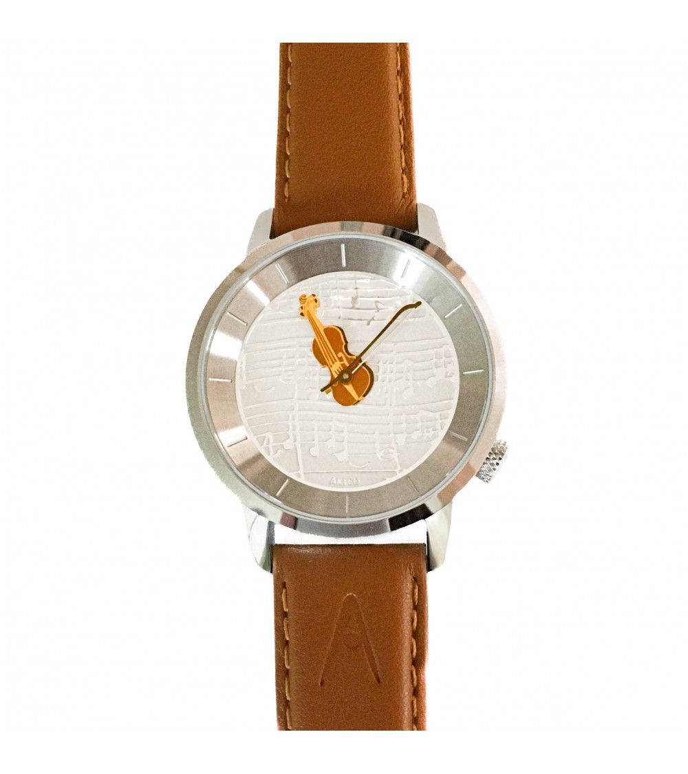 Montre AKTEO Musique Violon 38 Blanc-Acier inox, bracelet cuir cognac