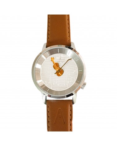 Montre AKTEO Musique Violon 38 Blanc-Acier inox, bracelet cuir cognac
