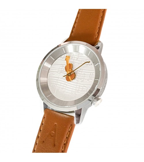 Montre AKTEO Musique Violon 38 Blanc-Acier inox, bracelet cuir cognac