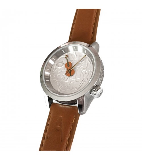 Montre AKTEO Musique Violon 29 Blanc-Acier Inox, bracelet cuir cognac