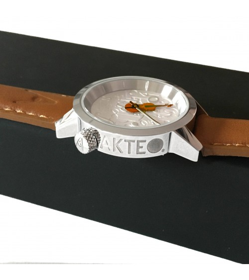 Montre AKTEO Musique Violon 29 Blanc-Acier Inox, bracelet cuir cognac