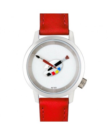 Montre AKTEO Peinture palette 38 Blanc, bracelet cuir rouge