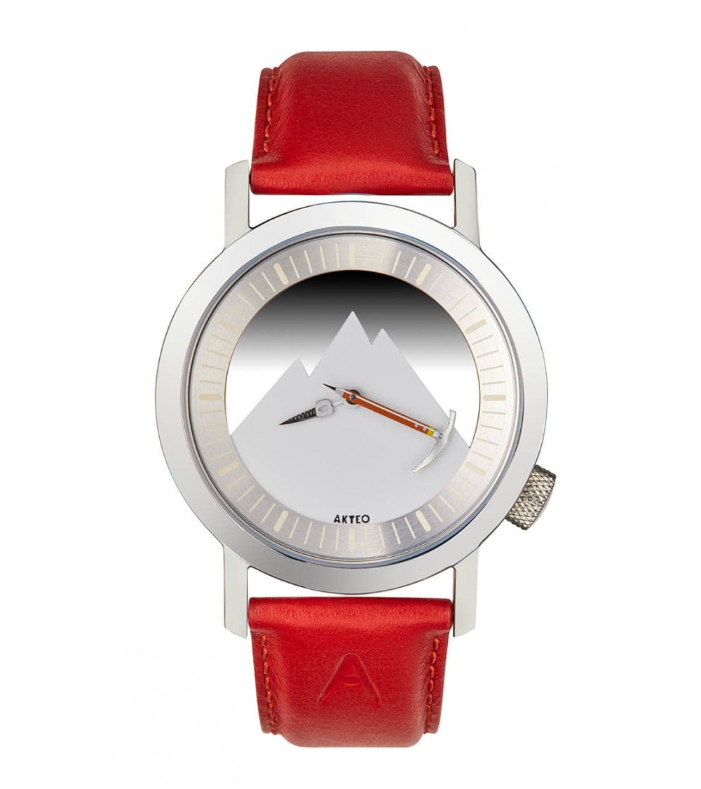 Montre Akteo Alpinisme 42, Acier brossé-Acier inox, bracelet cuir rouge