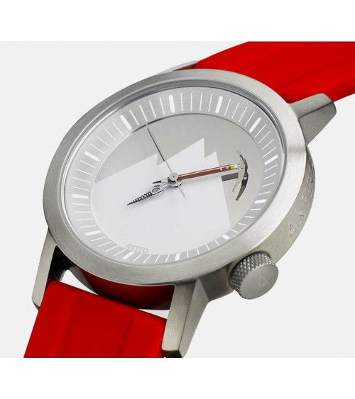 Montre Akteo Alpinisme 42, Acier brossé-Acier inox, bracelet cuir rouge