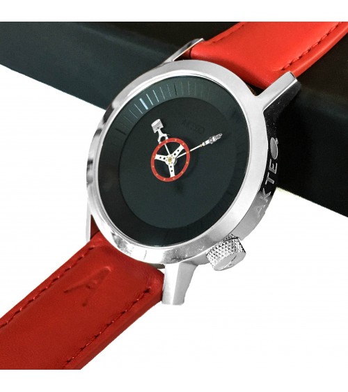 Montre Akteo Automobile 42, Noir-Acier inox, bracelet cuir rouge