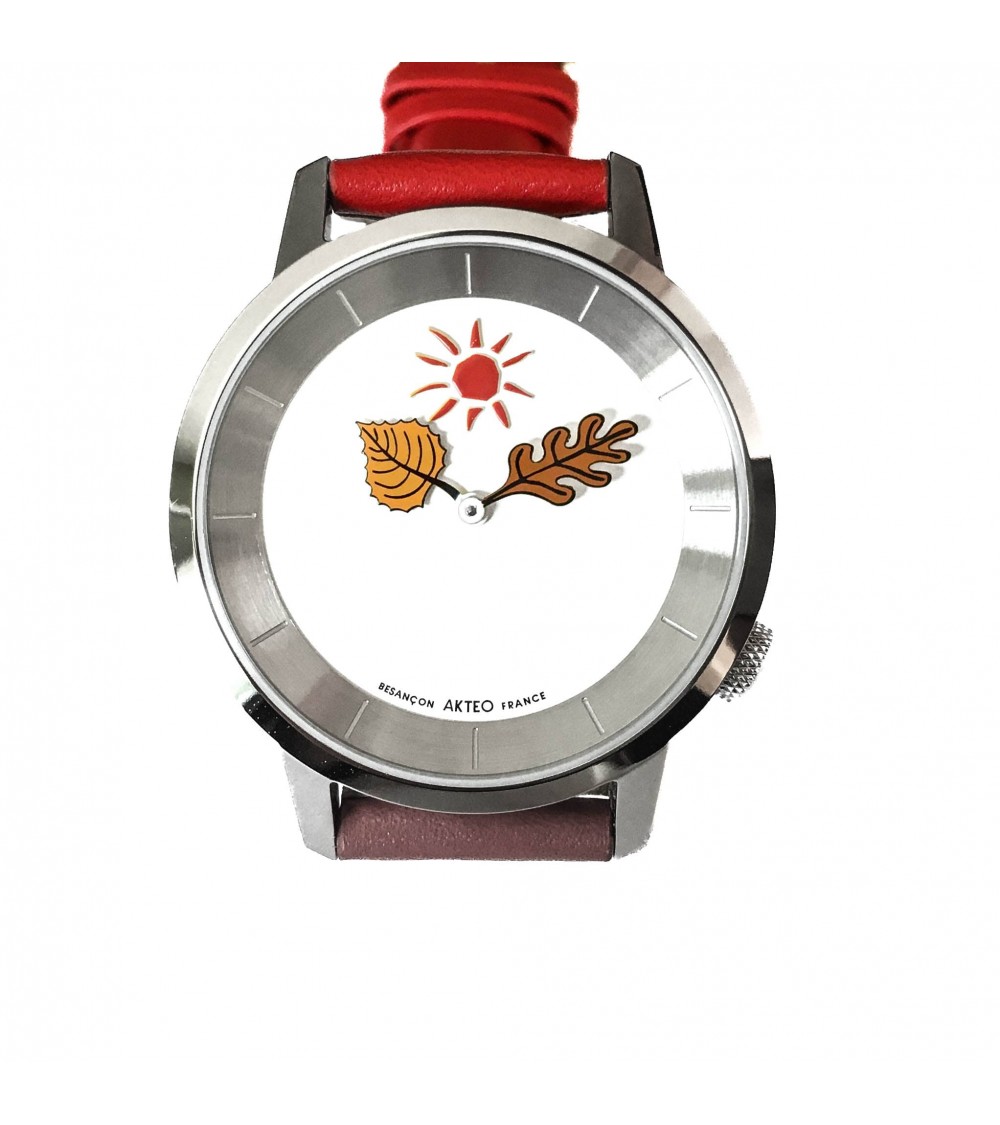 Montre AKTEO Automne 38 Blanc-Acier inox, bracelet rouge