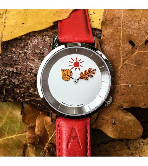 Montre AKTEO Automne 38 Blanc-Acier inox, bracelet rouge