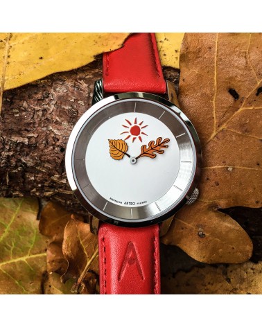 Montre AKTEO Automne 38 Blanc-Acier inox, bracelet rouge