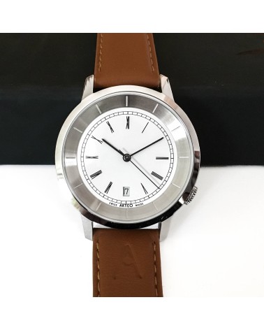 Montre AKTEO Roma Dato 38 Blanc-Acier inox, bracelet cuir cognac