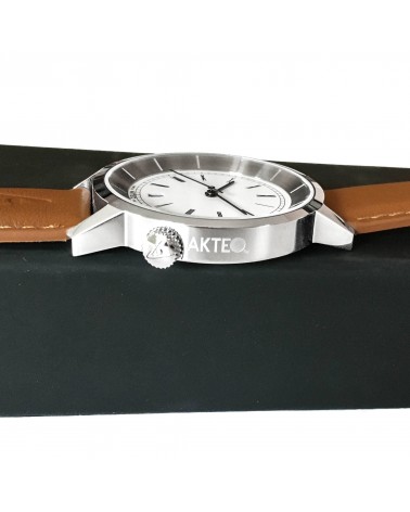Montre AKTEO Roma Dato 38 Blanc-Acier inox, bracelet cuir cognac