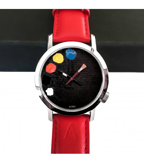 Montre AKTEO Peinture 42 Noir-Acier inox, bracelet cuir rouge