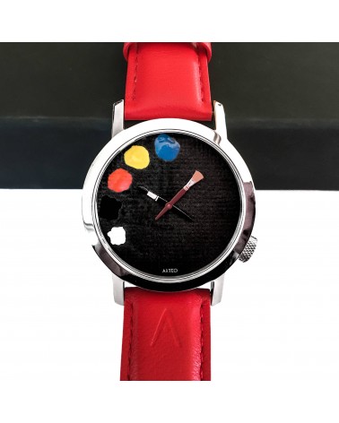 Montre AKTEO Peinture 42 Noir-Acier inox, bracelet cuir rouge