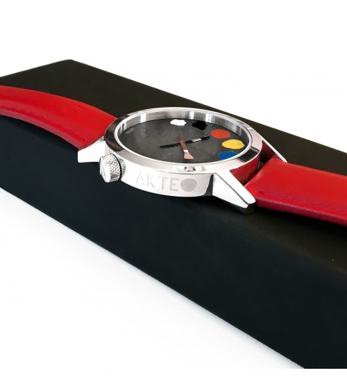 Montre AKTEO Peinture 42 Noir-Acier inox, bracelet cuir rouge