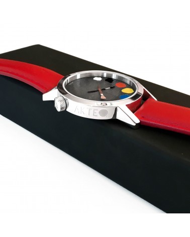 Montre AKTEO Peinture 42 Noir-Acier inox, bracelet cuir rouge