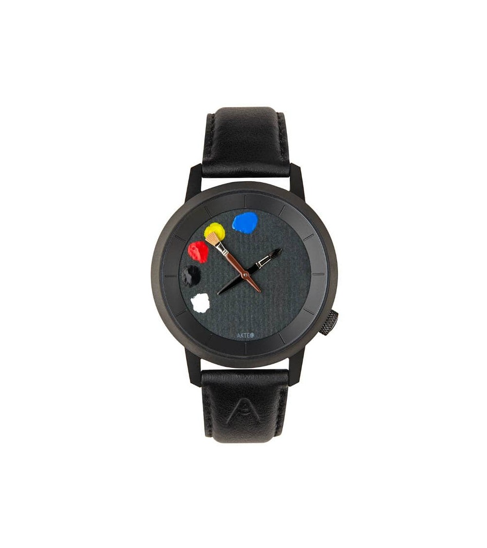 Montre AKTEO Peinture 38 Noir-Noir, bracelet cuir noir