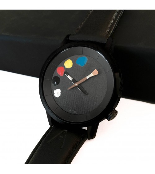 Montre AKTEO Peinture 38 Noir-Noir, bracelet cuir noir