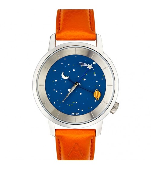 Montre AKTEO Astronomie 38 Bleu-Acier inox, bracelet orange