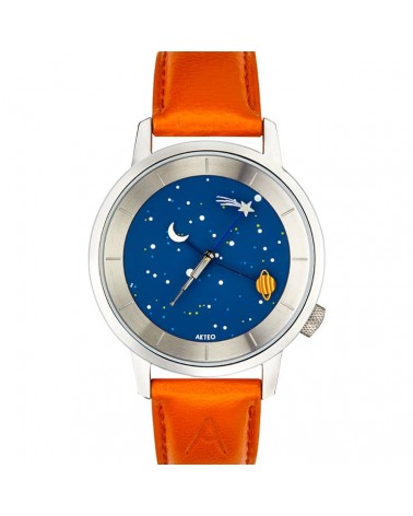 Montre AKTEO Astronomie 38 Bleu-Acier inox, bracelet orange