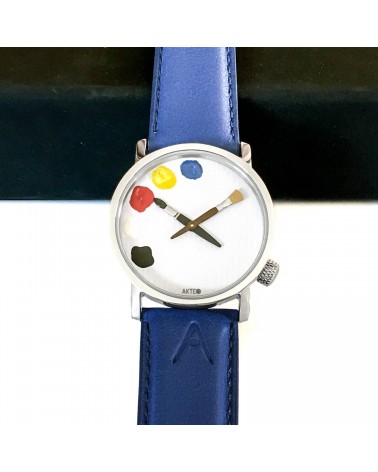 Montre AKTEO Peinture palette 32 Blanc-Acier inox, bracelet cuir bleu