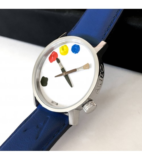 Montre AKTEO Peinture palette 32 Blanc-Acier inox, bracelet cuir bleu