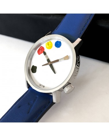 Montre AKTEO Peinture palette 32 Blanc-Acier inox, bracelet cuir bleu