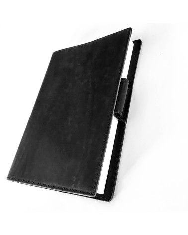 Carnet PA rechargeable cuir noir avec boucle pour stylo, 288 pages blanches 14,8 x 21 cm.