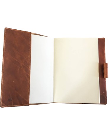 Carnet PA rechargeable cuir cognac avec boucle pour stylo, 288 pages blanches 14,8 x 21 cm.