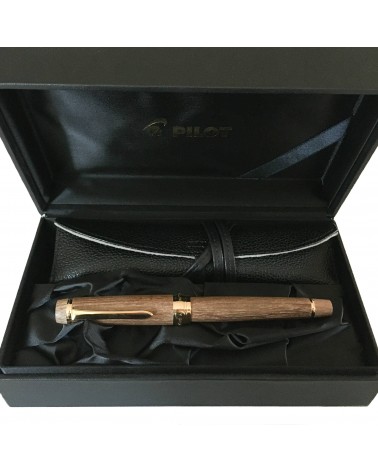 Etui pour stylo-plume Pilot Custom Enju, corps bois d’arbre des pagodes, bec or 18 carats largeur M, étui cuir