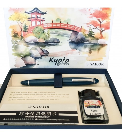 Set stylo-plume Sailor 1911L Ringless Kyoto Garden Suikyou (Bleu), bec or largeur M et encre assortie