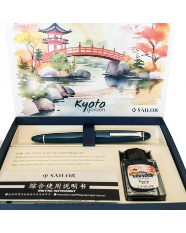 Set stylo-plume Sailor 1911L Ringless Kyoto Garden Suikyou (Bleu), bec or largeur M et encre assortie